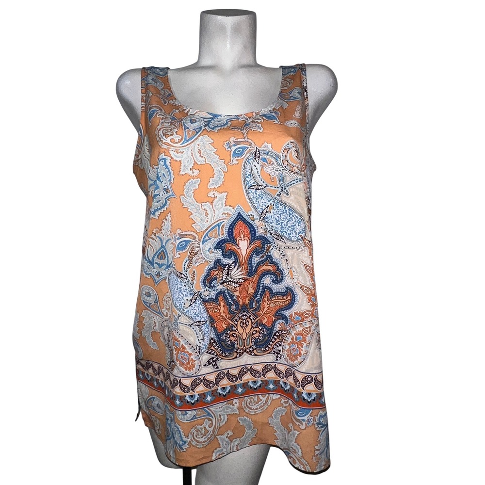 Lucy & Laurel Womens Large Paisley Floral Tank Top Orange Blue MB1905-162PB17